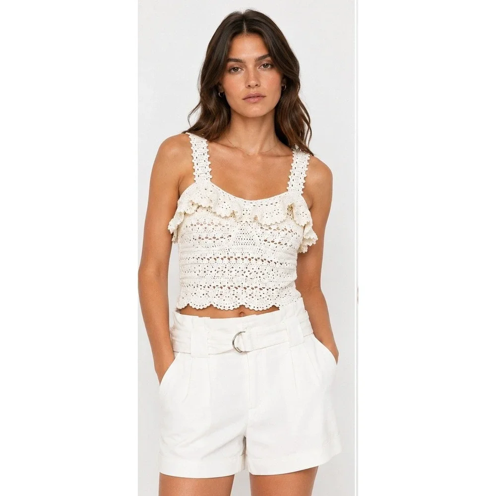 SEA NEW YORK Crochet Ruffle Button Back Wool Tank Top Coquette Festival Cream S